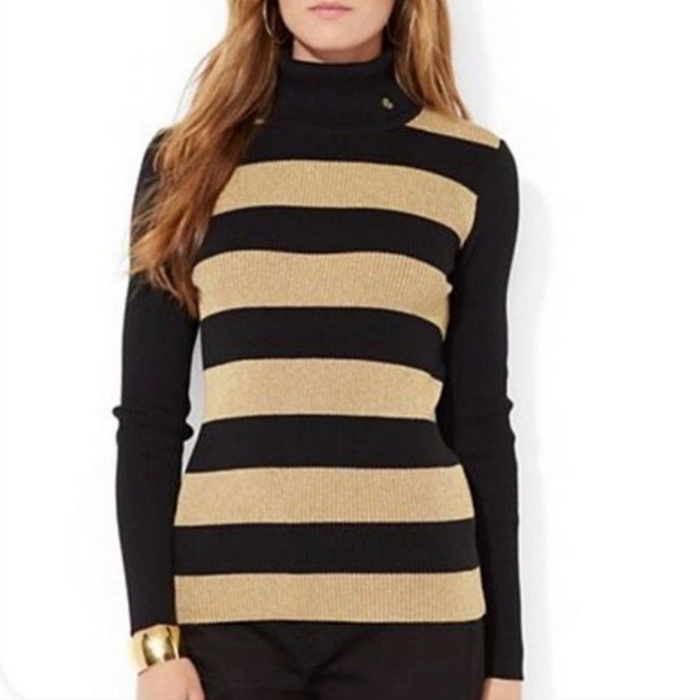Lauren by Ralph Lauren Ribbed Turtleneck Sweater Black and Gold Size Large